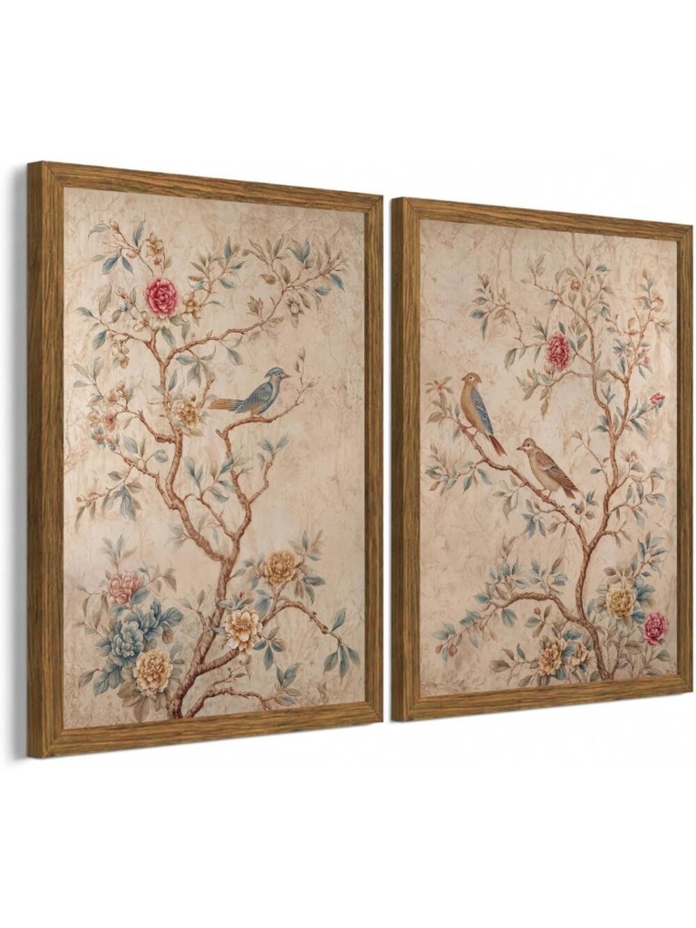 Set of 2 Framed Botanical Bird Canvas Prints, Vintage Floral Cottagecore Decor